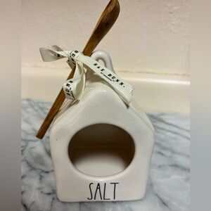 Rae Dunn White Ceramic Salt Jar with Black Lettering and Wooden Spoon